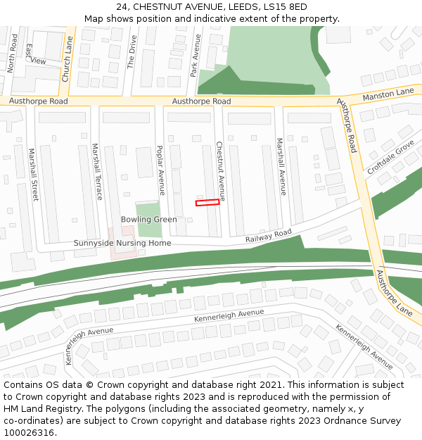 24, CHESTNUT AVENUE, LEEDS, LS15 8ED: Location map and indicative extent of plot