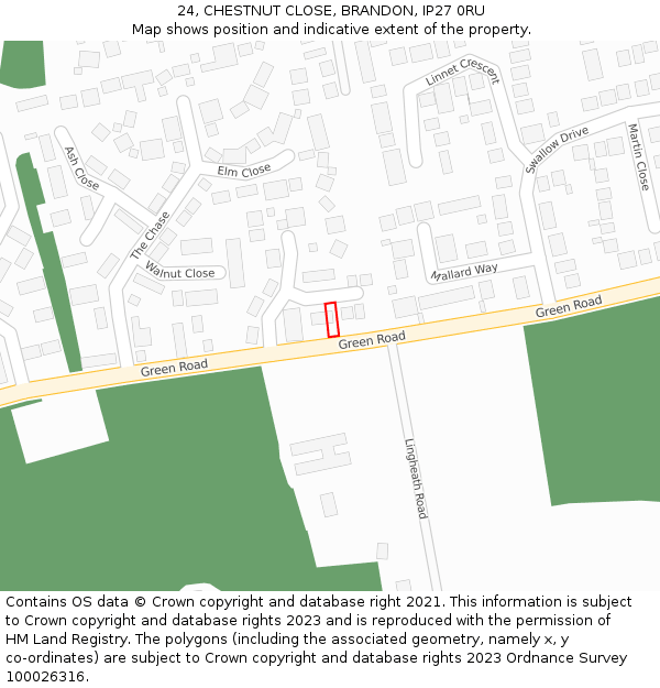 24, CHESTNUT CLOSE, BRANDON, IP27 0RU: Location map and indicative extent of plot