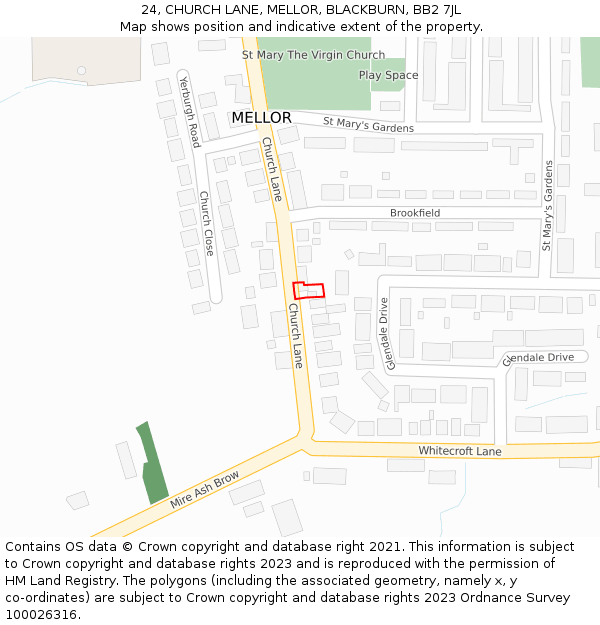 24, CHURCH LANE, MELLOR, BLACKBURN, BB2 7JL: Location map and indicative extent of plot