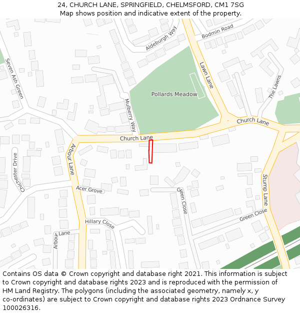 24, CHURCH LANE, SPRINGFIELD, CHELMSFORD, CM1 7SG: Location map and indicative extent of plot