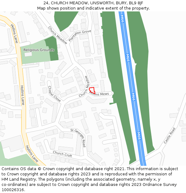 24, CHURCH MEADOW, UNSWORTH, BURY, BL9 8JF: Location map and indicative extent of plot