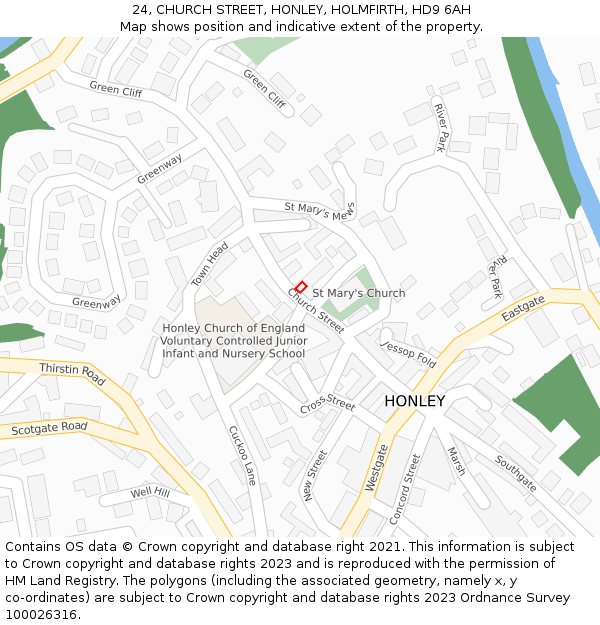 24, CHURCH STREET, HONLEY, HOLMFIRTH, HD9 6AH: Location map and indicative extent of plot