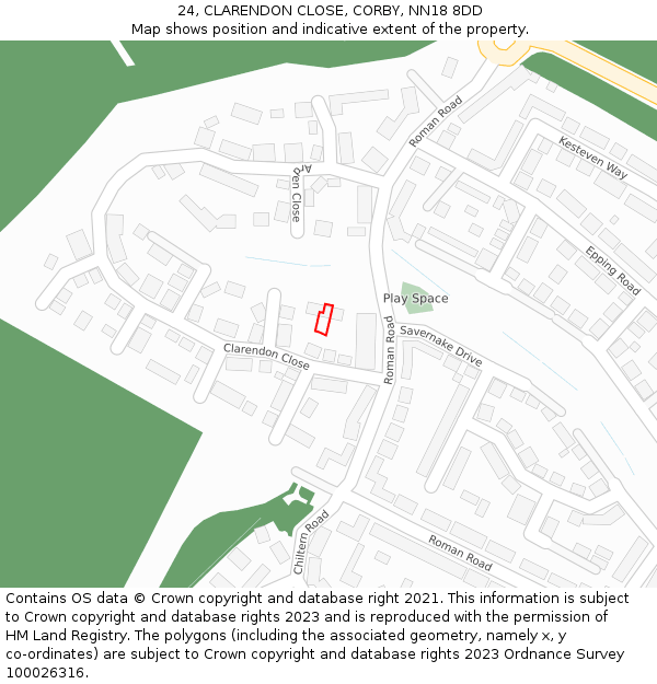 24, CLARENDON CLOSE, CORBY, NN18 8DD: Location map and indicative extent of plot