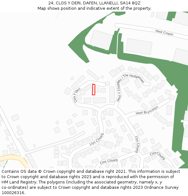 24, CLOS Y DERI, DAFEN, LLANELLI, SA14 8QZ: Location map and indicative extent of plot