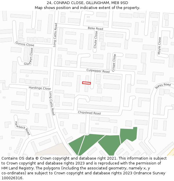 24, CONRAD CLOSE, GILLINGHAM, ME8 9SD: Location map and indicative extent of plot