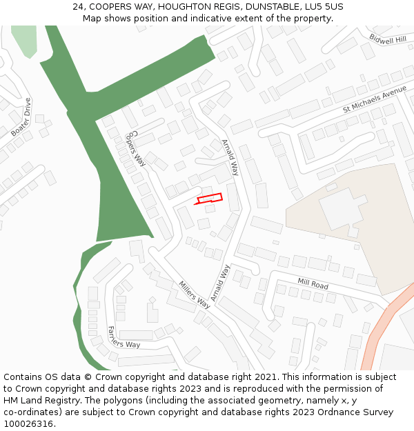 24, COOPERS WAY, HOUGHTON REGIS, DUNSTABLE, LU5 5US: Location map and indicative extent of plot
