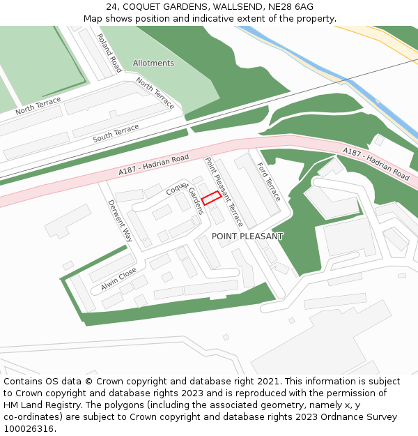 24, COQUET GARDENS, WALLSEND, NE28 6AG: Location map and indicative extent of plot