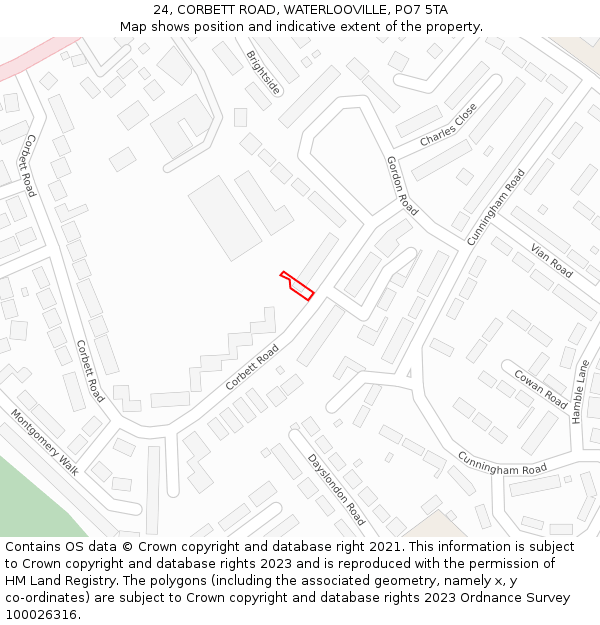 24, CORBETT ROAD, WATERLOOVILLE, PO7 5TA: Location map and indicative extent of plot