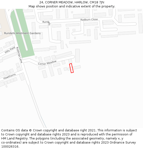 24, CORNER MEADOW, HARLOW, CM18 7JN: Location map and indicative extent of plot
