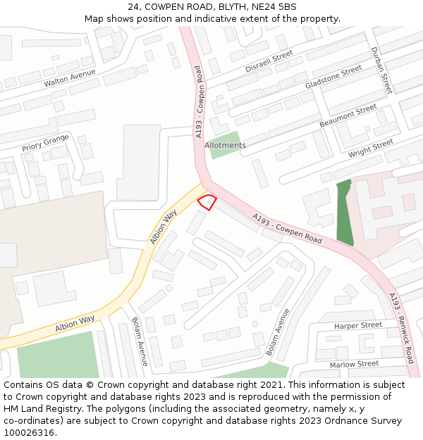 24, COWPEN ROAD, BLYTH, NE24 5BS: Location map and indicative extent of plot