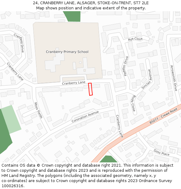 24, CRANBERRY LANE, ALSAGER, STOKE-ON-TRENT, ST7 2LE: Location map and indicative extent of plot
