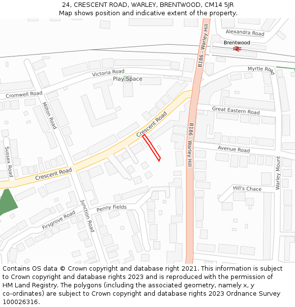 24, CRESCENT ROAD, WARLEY, BRENTWOOD, CM14 5JR: Location map and indicative extent of plot