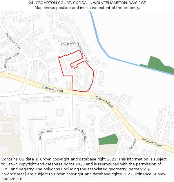 24, CROMPTON COURT, CODSALL, WOLVERHAMPTON, WV8 1GE: Location map and indicative extent of plot