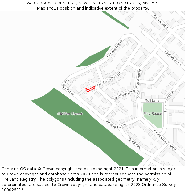 24, CURACAO CRESCENT, NEWTON LEYS, MILTON KEYNES, MK3 5PT: Location map and indicative extent of plot
