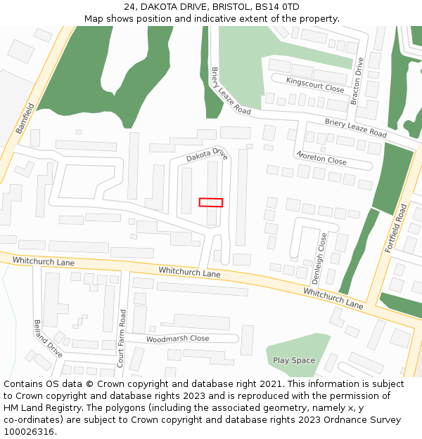 24, DAKOTA DRIVE, BRISTOL, BS14 0TD: Location map and indicative extent of plot