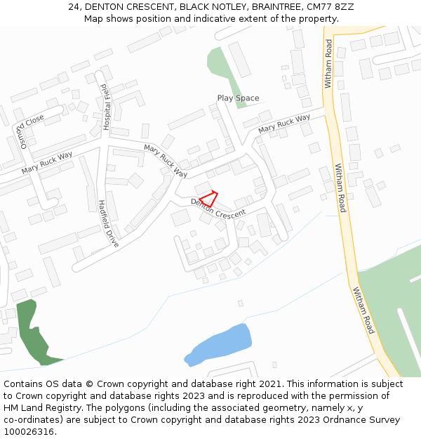 24, DENTON CRESCENT, BLACK NOTLEY, BRAINTREE, CM77 8ZZ: Location map and indicative extent of plot