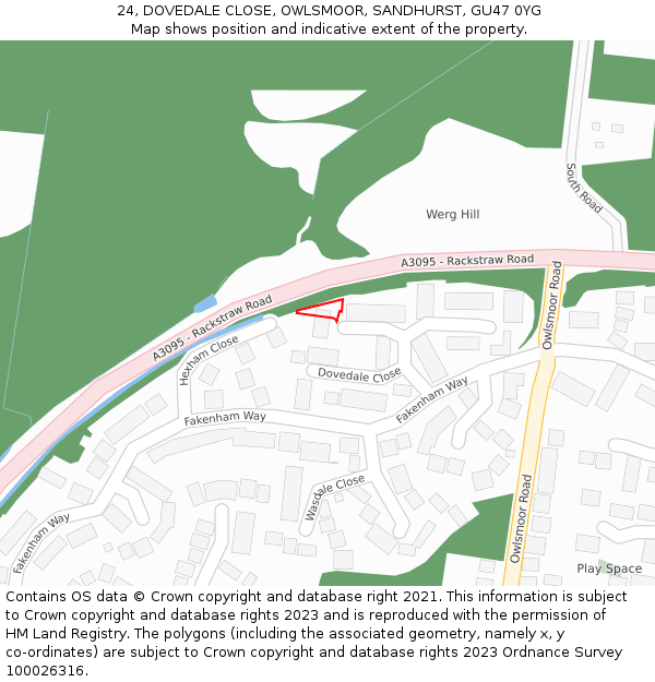 24, DOVEDALE CLOSE, OWLSMOOR, SANDHURST, GU47 0YG: Location map and indicative extent of plot