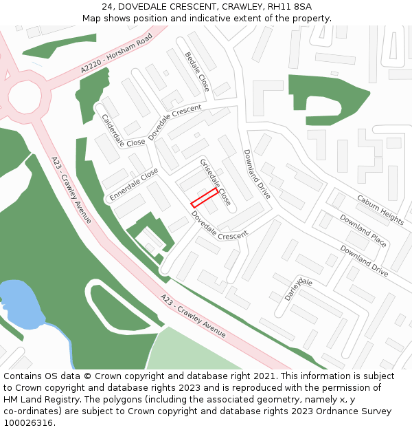 24, DOVEDALE CRESCENT, CRAWLEY, RH11 8SA: Location map and indicative extent of plot