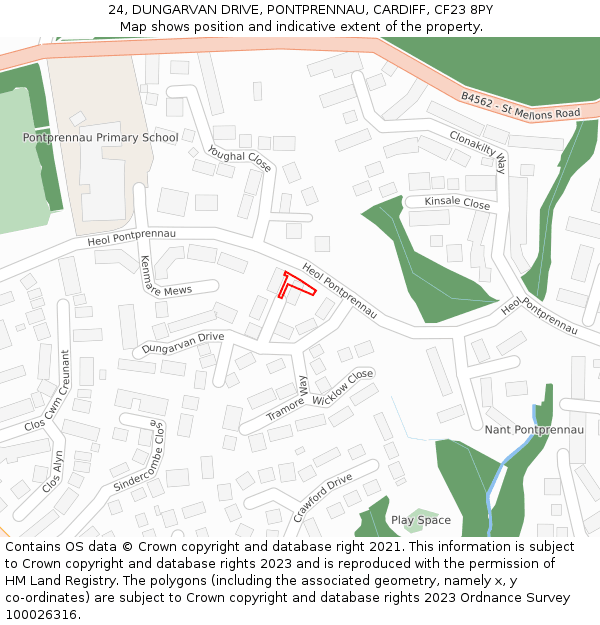 24, DUNGARVAN DRIVE, PONTPRENNAU, CARDIFF, CF23 8PY: Location map and indicative extent of plot