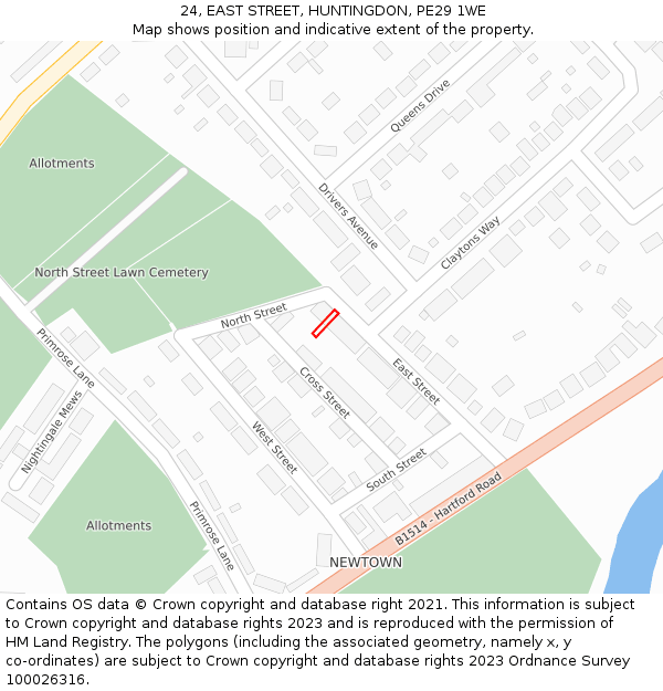 24, EAST STREET, HUNTINGDON, PE29 1WE: Location map and indicative extent of plot