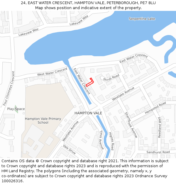 24, EAST WATER CRESCENT, HAMPTON VALE, PETERBOROUGH, PE7 8LU: Location map and indicative extent of plot