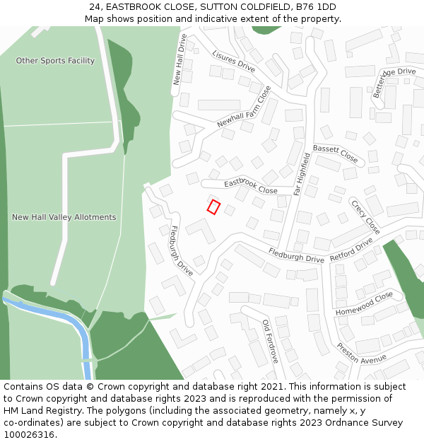 24, EASTBROOK CLOSE, SUTTON COLDFIELD, B76 1DD: Location map and indicative extent of plot