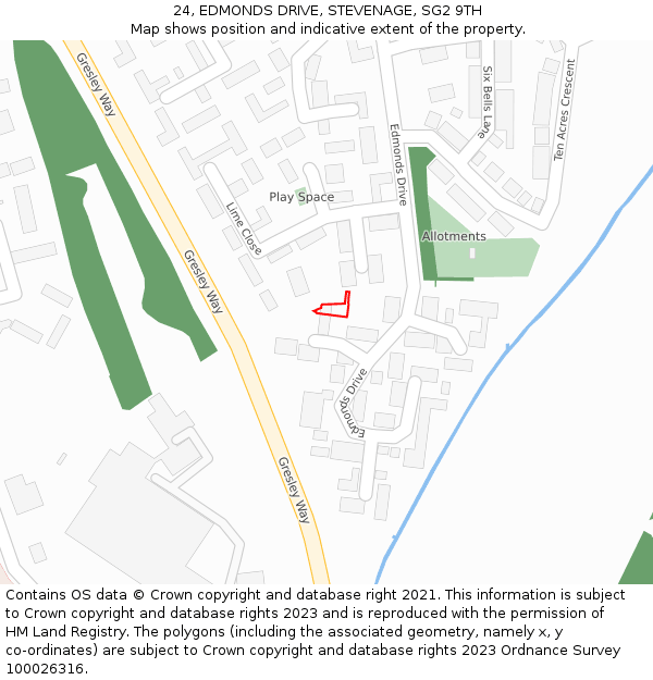 24, EDMONDS DRIVE, STEVENAGE, SG2 9TH: Location map and indicative extent of plot