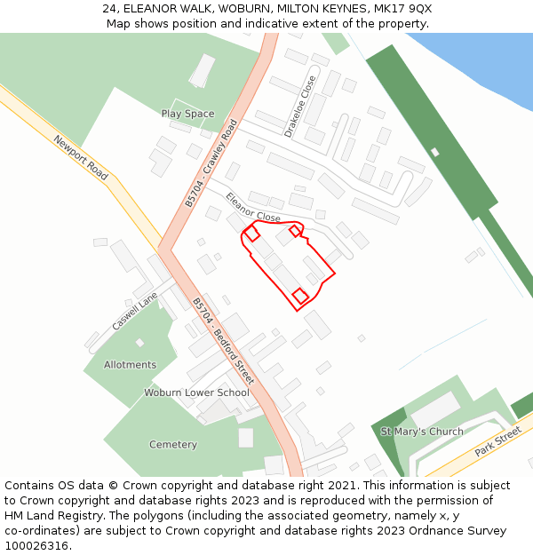 24, ELEANOR WALK, WOBURN, MILTON KEYNES, MK17 9QX: Location map and indicative extent of plot