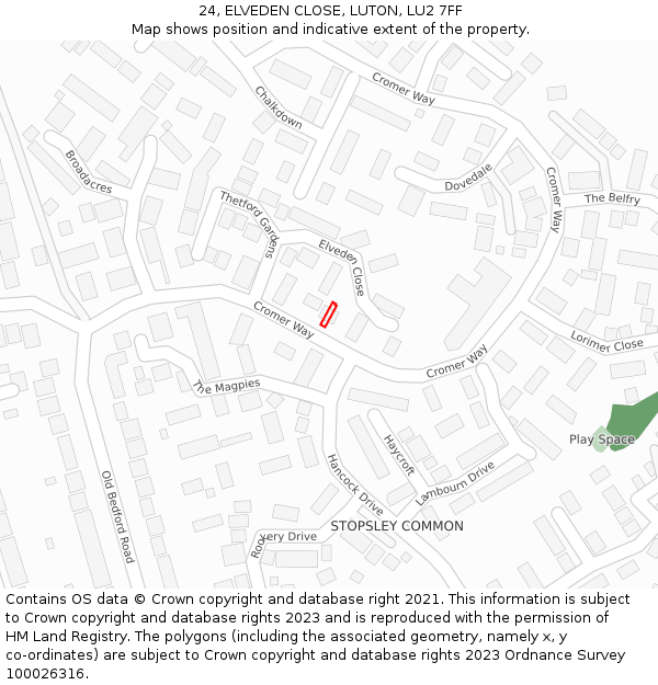 24, ELVEDEN CLOSE, LUTON, LU2 7FF: Location map and indicative extent of plot
