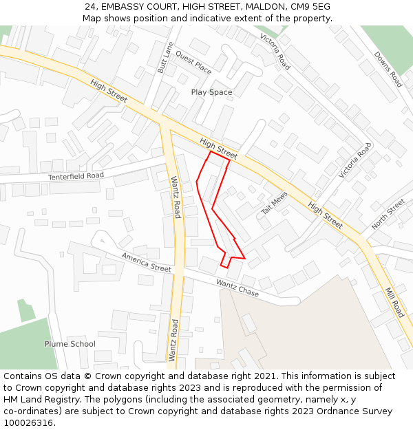 24, EMBASSY COURT, HIGH STREET, MALDON, CM9 5EG: Location map and indicative extent of plot