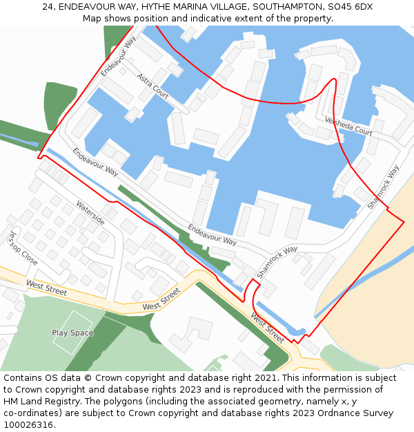 24, ENDEAVOUR WAY, HYTHE MARINA VILLAGE, SOUTHAMPTON, SO45 6DX: Location map and indicative extent of plot