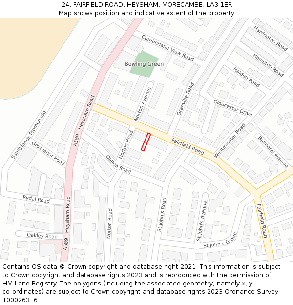 24, FAIRFIELD ROAD, HEYSHAM, MORECAMBE, LA3 1ER: Location map and indicative extent of plot