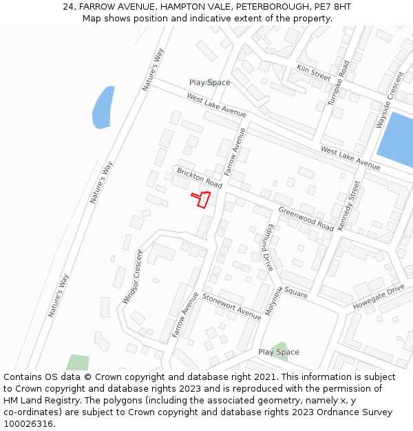 24, FARROW AVENUE, HAMPTON VALE, PETERBOROUGH, PE7 8HT: Location map and indicative extent of plot