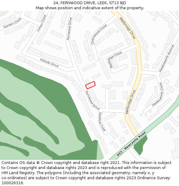 24, FERNWOOD DRIVE, LEEK, ST13 8JD: Location map and indicative extent of plot
