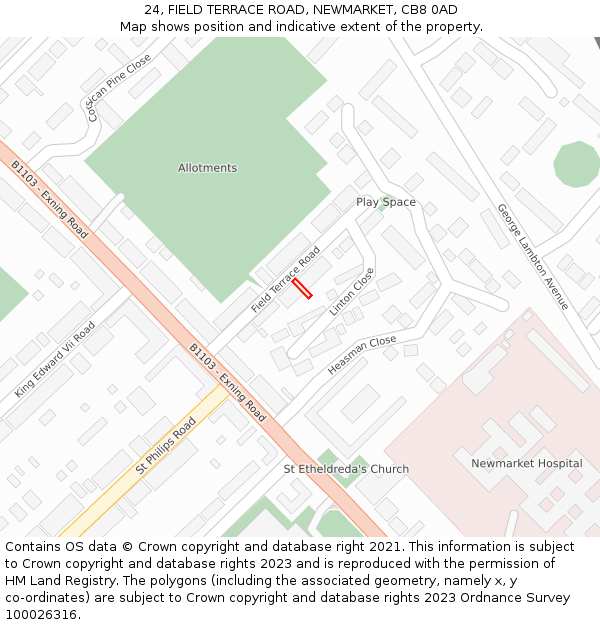 24, FIELD TERRACE ROAD, NEWMARKET, CB8 0AD: Location map and indicative extent of plot