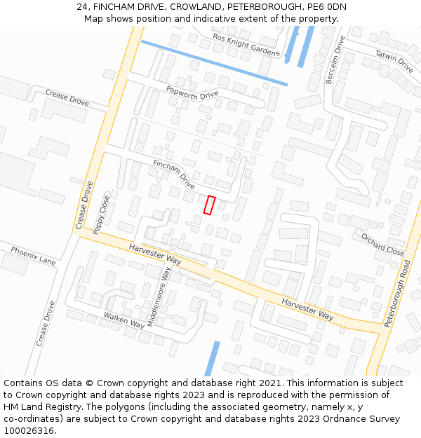 24, FINCHAM DRIVE, CROWLAND, PETERBOROUGH, PE6 0DN: Location map and indicative extent of plot