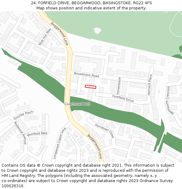 24, FORFIELD DRIVE, BEGGARWOOD, BASINGSTOKE, RG22 4FS: Location map and indicative extent of plot
