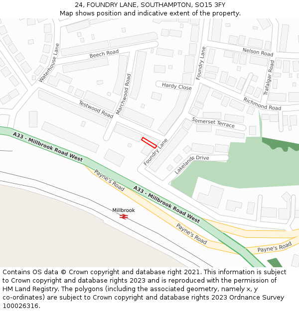 24, FOUNDRY LANE, SOUTHAMPTON, SO15 3FY: Location map and indicative extent of plot