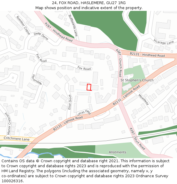 24, FOX ROAD, HASLEMERE, GU27 1RG: Location map and indicative extent of plot