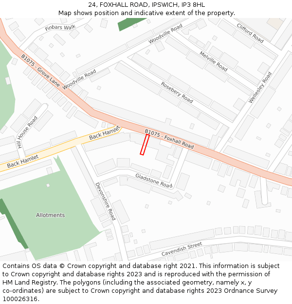 24, FOXHALL ROAD, IPSWICH, IP3 8HL: Location map and indicative extent of plot