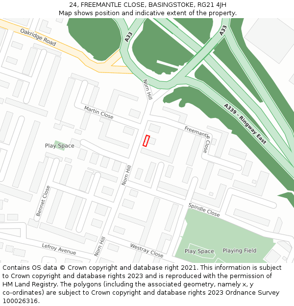 24, FREEMANTLE CLOSE, BASINGSTOKE, RG21 4JH: Location map and indicative extent of plot