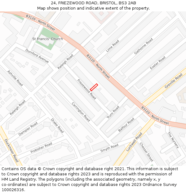 24, FRIEZEWOOD ROAD, BRISTOL, BS3 2AB: Location map and indicative extent of plot