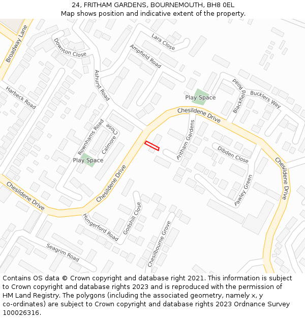 24, FRITHAM GARDENS, BOURNEMOUTH, BH8 0EL: Location map and indicative extent of plot