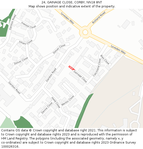 24, GAINAGE CLOSE, CORBY, NN18 8NT: Location map and indicative extent of plot