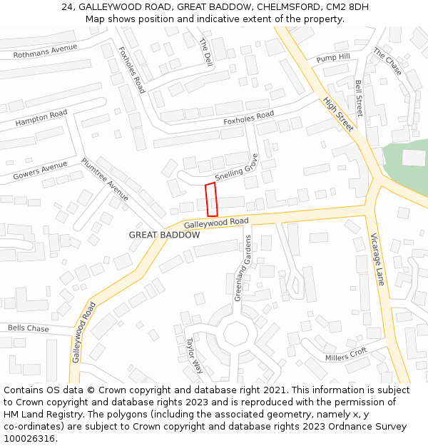 24, GALLEYWOOD ROAD, GREAT BADDOW, CHELMSFORD, CM2 8DH: Location map and indicative extent of plot