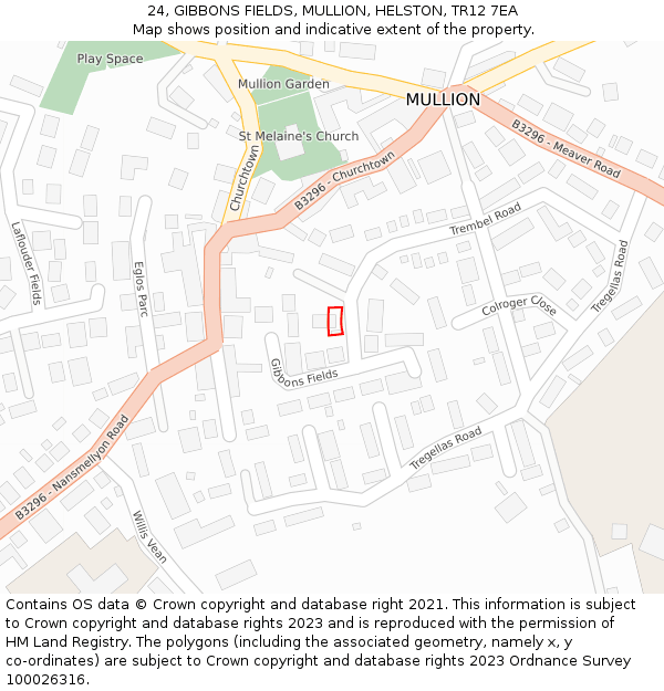 24, GIBBONS FIELDS, MULLION, HELSTON, TR12 7EA: Location map and indicative extent of plot