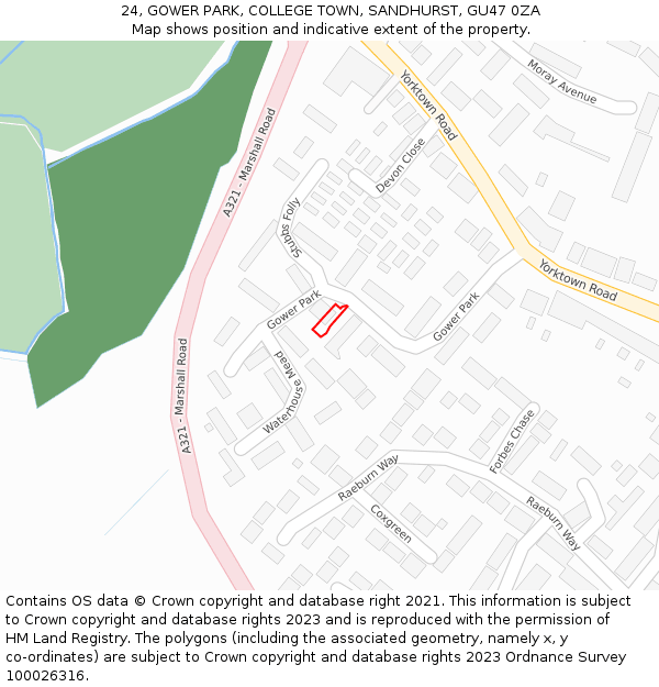24, GOWER PARK, COLLEGE TOWN, SANDHURST, GU47 0ZA: Location map and indicative extent of plot