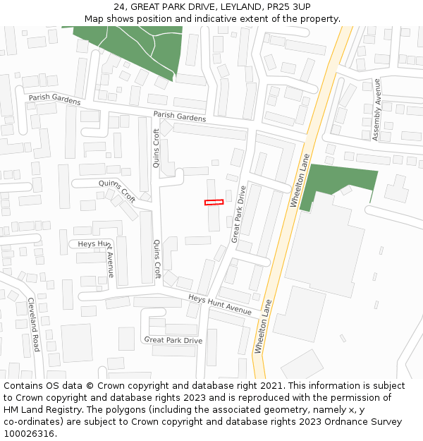 24, GREAT PARK DRIVE, LEYLAND, PR25 3UP: Location map and indicative extent of plot