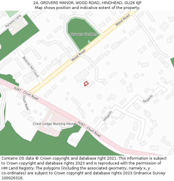 24, GROVERS MANOR, WOOD ROAD, HINDHEAD, GU26 6JP: Location map and indicative extent of plot