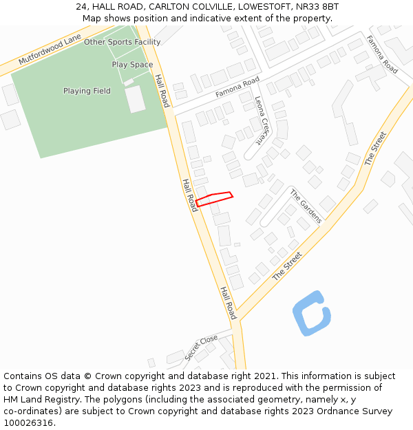 24, HALL ROAD, CARLTON COLVILLE, LOWESTOFT, NR33 8BT: Location map and indicative extent of plot